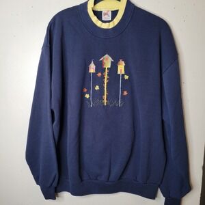 Vintage Jerzees Navy Blue Embroidered Birdhouse Sweatshirt Womens XL Made in USA